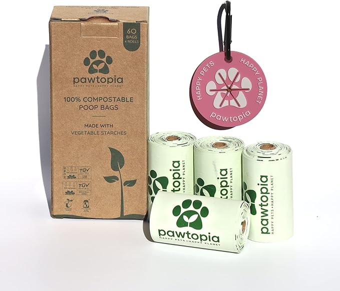 Pawtopia Certified Home Compostable Dog Poop Bags (60) + Pink Poop Bag Carrier, Biodegradable Poop Bags, Cat Litter, Vegetable Starches, Leakproof Dog Waste Bags, Easy to Open