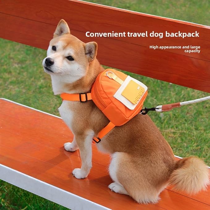 Dog Backpack Strap Leash,Dog Harness with Poop Bag Dispenser,Adjustable and Waterproof,Dog Hiking Backpack,Suitable for Travel and Daily Walks (Orange, S)