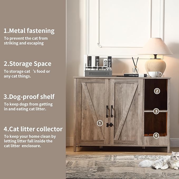 Large Cat Litter Enclosure With Litter Collector, Enclosure for self-Cleaning Litter Boxes,Adjustable Shelf for Dog Proof and Storage,charging station,Locks Added for cat,Cat House,Grey