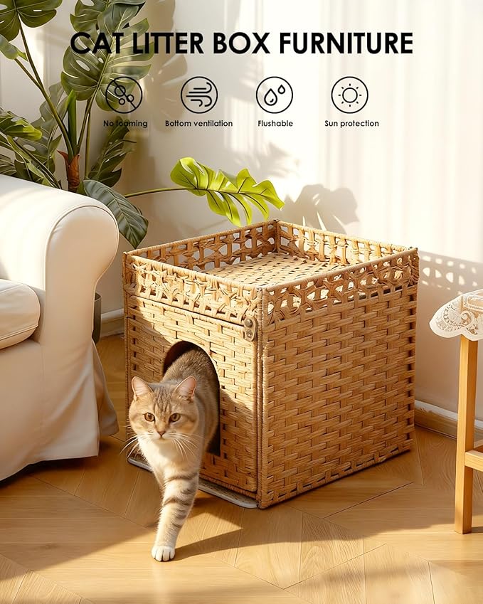 Cat Litter Box Enclosure Furniture - Handwoven Rattan Hidden Litter Box Cover with Mat and Fence, Enclosed Cat Box Furniture for Living Room & Bedroom, Natural Finish, 18.5" x 20.5" x 19.1"