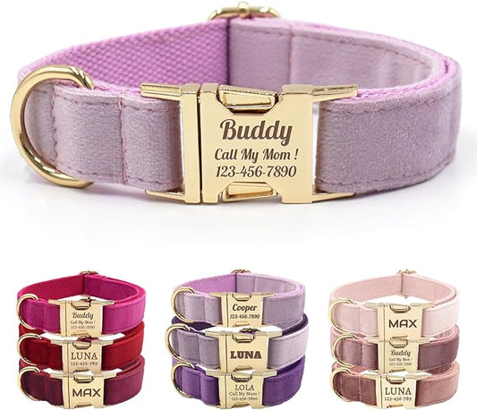 Velvet Personalized Dog Collar with Name - Customizable Dog Collar with Quick Release Metal Buckle - Leash and Bow Tie Available (Thistle, M)