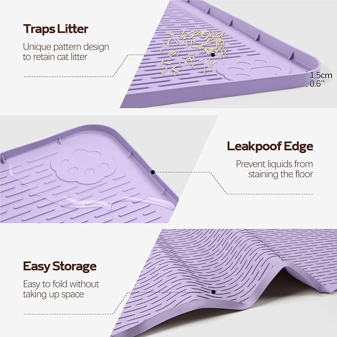Cat Litter Mat, XXL Extra Large 50" x 35" Silicone Mat Litter Trapping Mat for Scatter Control, Soft on Kitty Paws, Easy to Clean (Purple)