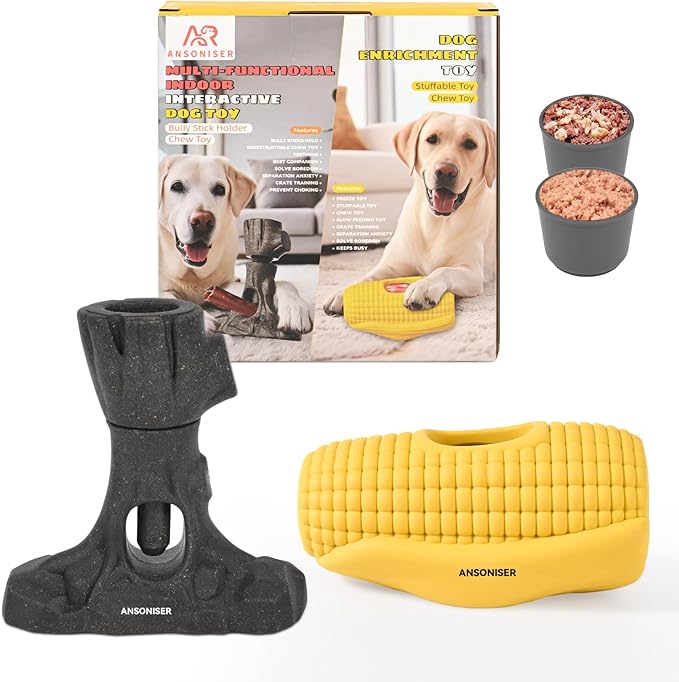 Ansoniser 2-in-1 Durable Dog Toy Bundle，Bully Stick Holder & Frozen Treat Slow Feeder for Aggressive Chewers, Food-Safe Interactive Toys to Relieve Boredom, Best Gift for Small to Large Dogs