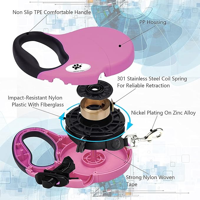 13 ft Retractable Dog Leash for Large Dogs up to 26 lbs,Tangle-Free Nylon Tape,Pink S