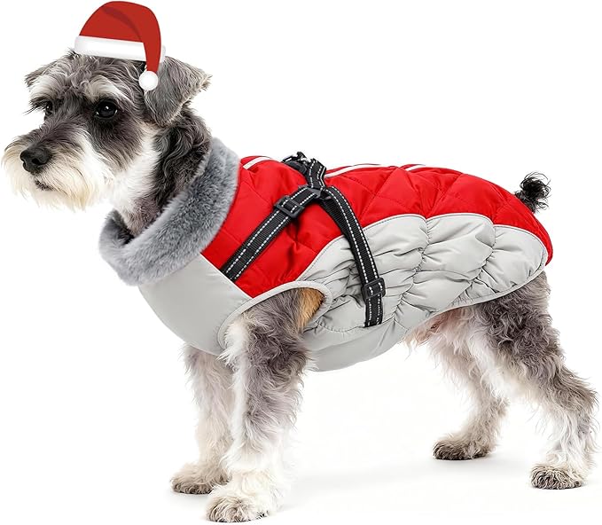 Dog Winter Coat with Harness, Dog Jacket, Pet Clothes with Zipper on Back, Waterproof Windproof Warm Vest, Reflective Cold Weather Coats, for Small Medium Large Dogs, Thick, Red, S