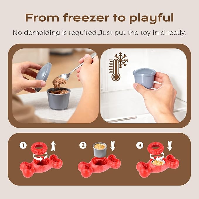 Freeze Bone for Dogs - Frozen Treat Chew Dog Toy for Aggressive Chewers to Keep Them Busy, Ice Cream Holder Freezebone with Mold Cups, Fillable Cognitive Licking Toy, Red