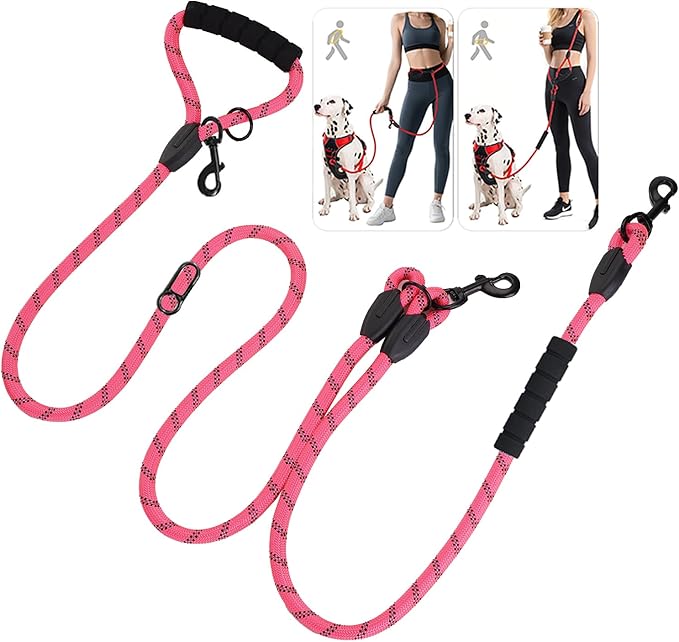 Cymiler Hands Free Dog Leash, 8 Ft Reflective Cross-Body Pet Rope Leashes with Sponge Handle, Heavy Duty Nylon, for Running, Hiking, Training, Waist Leash for Small Medium Large Dogs (Pink)