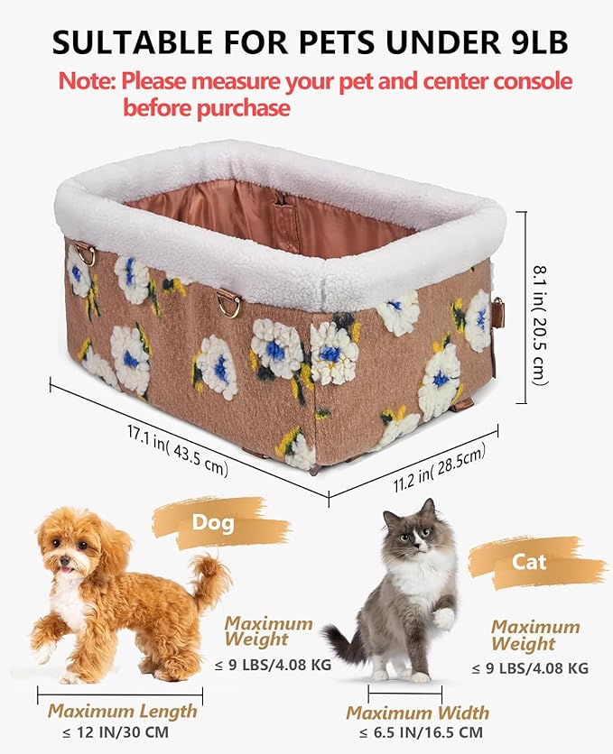 BurgeonNest Dog Carseat for Small Dog, Center Console Pet Booster Seats with Metal Frame, Upgraded Pet Carseat with Double Protection Seat Belts, Washable Cushion, Safety Leash and Storage Pocket