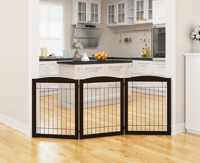 PAWLAND 72” Extra Wide Dog Gate for The House, Doorway, Stairs, Freestanding Foldable Wire Pet Gate, Pet Puppy Safety Fence,30" Height (Espresso, 3 Panels)