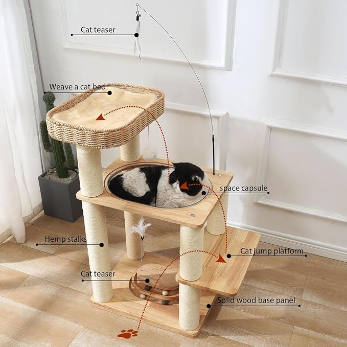 Wood Cat Tree Tower with Space Capsule, Hand-Woven Basket Nest, Feather Toy, Hanging Balls, Sisal Posts, 4-Tier Indoor Climbing 34 Inch Modern Cat Tree Tower for Kittens