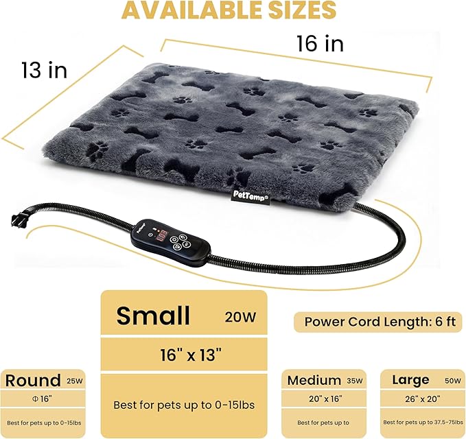 Pet Heating Pad for Cats Dogs, Heated Cat Dog Bed with 5 Temperature Levels, Timer, Auto Shut-Off, Thick Paw-Print Cover, Chew Resistant Cord for Indoor & Sheltered Outdoor Use (S: 16" x 13" x 1.3")