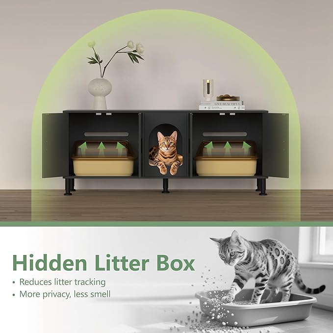 Double Litter Box Enclosure with Cat Scratch Mat & Motion Sensor Light, Wooden Litter Box TV Stand for 2 Litter Boxes & 2 Cats (Black)