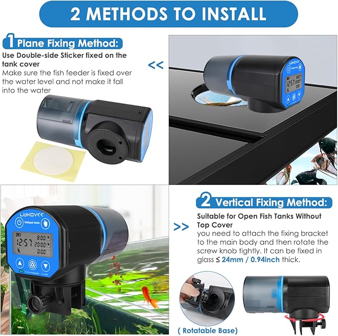 Lukovee Automatic Fish Feeder,New Generation Feeding Time Display USB Rechargeable Timer Moisture-Proof Aquarium or Fish Tank Food Dispenser with 200ML Large Capacity for Vacation Weekend Holiday,Blue