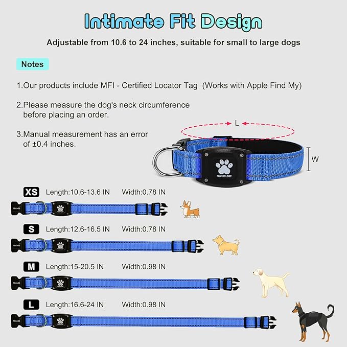 GPS Dog Collar Tracker 2-in-1,Reflective Waterproof Pet Collar,iOS-Only,No Monthly Fees,Unlimited Range,Ideal for Dog Tracking pet Tracker,for Small Medium Large Dogs(XS (10.6"-13.6"), Blue)