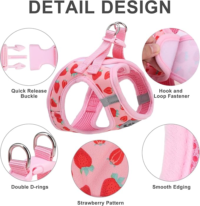 EXPAWLORER Small Dog Harness and Leash Set - Cute Puppy Harness Leash Dog Collar with AirTag Holder Silicone Case, Soft Padded Step in Pet Vest Reflective for Outdoor Walking, Strawberry M