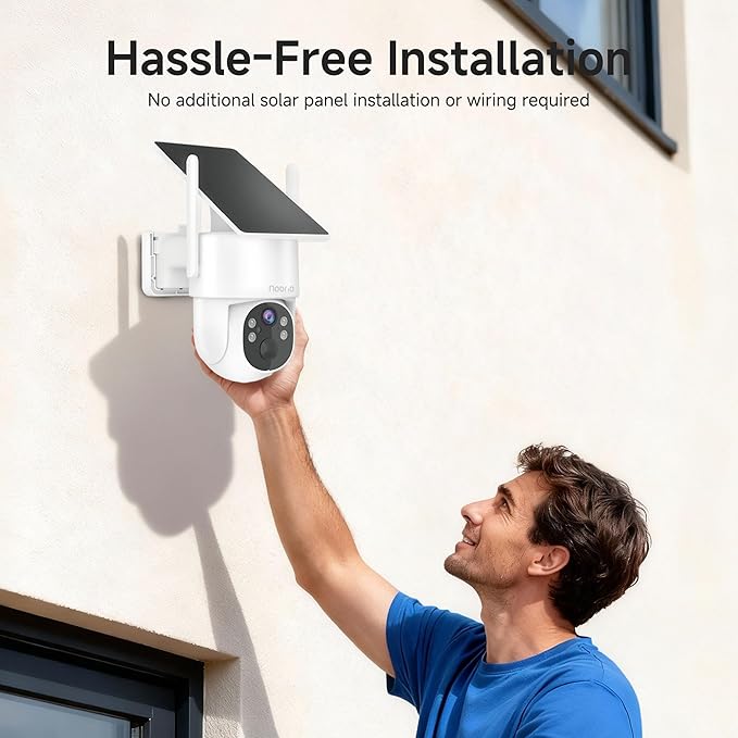 Noorio 2K Solar Security Camera Wireless Outdoor, Fixed Solar Panel/Battery Powered, 4MP, 2.4G/5G WiFi, 360° View, AI Human Detection, Color Night Vision, 2-Way Audio, IP65, for Home Security
