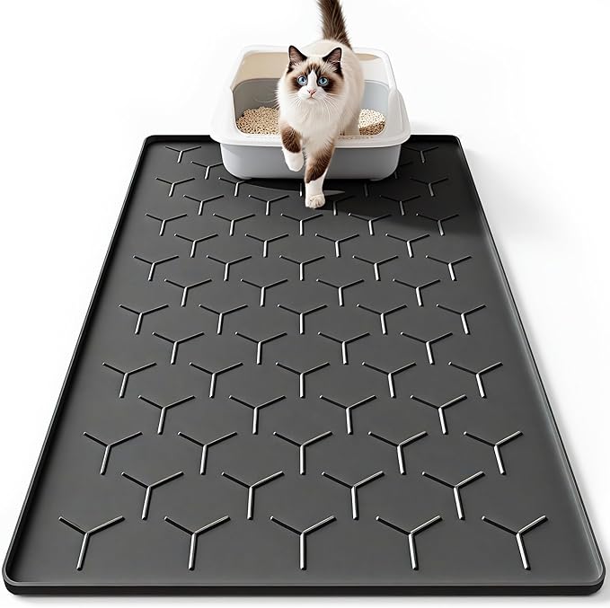 Large Silicone Cat Litter Mat, Waterproof/Urineproof, Litter Recycling, Easy to Clean, Soft on Kitty Paws (22"X34"- Black)