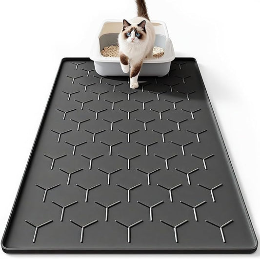 Large Silicone Cat Litter Mat, Waterproof/Urineproof, Litter Recycling, Easy to Clean, Soft on Kitty Paws (22"X34"- Black)