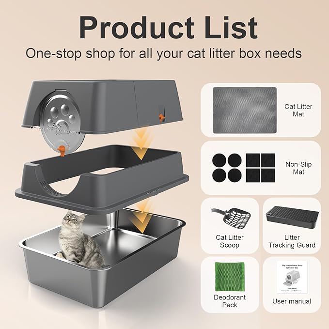Stainless Steel Litter Box with Lid XL Extra Large Litter Box Enclosed Top Entry Metal Litterbox for Big Cats Easy Cleaning Less Leakage & High Sided with Mat Aisle & Scoop, Dark Grey