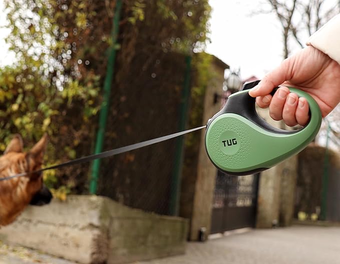 TUG 360° Tangle-Free Retractable Dog Leash with Anti-Slip Handle | 16 ft Strong Nylon Tape | One-Handed Brake, Pause, Lock (Medium, Green)
