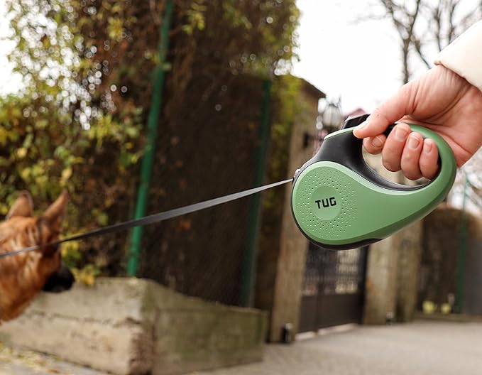 TUG 360° Tangle-Free Retractable Dog Leash with Anti-Slip Handle | 16 ft Strong Nylon Tape | One-Handed Brake, Pause, Lock (Large, Green)
