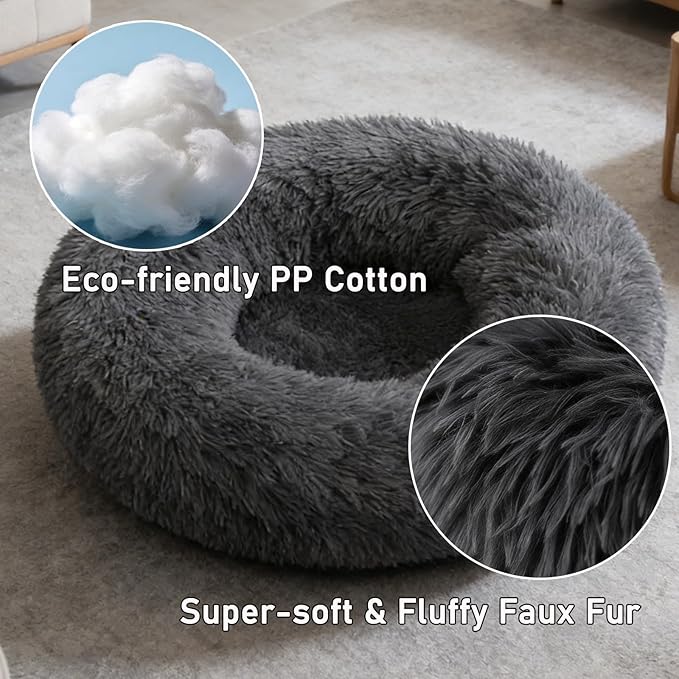 Calming Donut Dog Beds for Small Dogs Cats - Washable Removable Cover Non-Slip Bottom, Round Pet Bed Puppy Bed Warming Fluffy Faux Fur Anti-Anxiety, Fits up to 25 lbs (Dark Grey, 23")