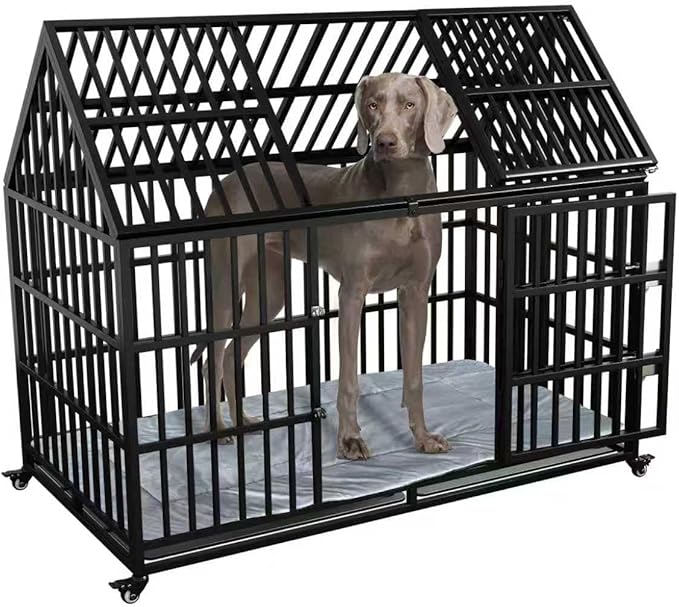 54 inch Heavy Duty Indestructible Dog Crate with Mat, Escape Proof Dog Cage Kennel with Lockable Wheels, High Anxiety Double Door, Extra Large Crate Indoor for Large Dog with Removable Tray