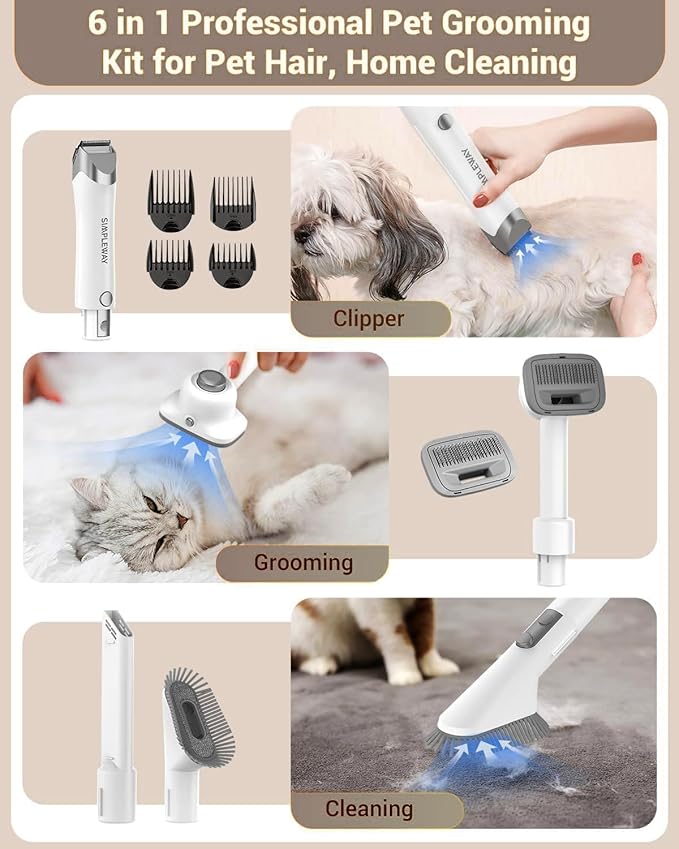 Dog Vacuum Grooming Kit for Shedding: Professional Hair Clippers Pet Groomer - Strong Suction Cleaner Deshedding Tool Fur Brush Attachment Trimmer for Home Cat (Milky)