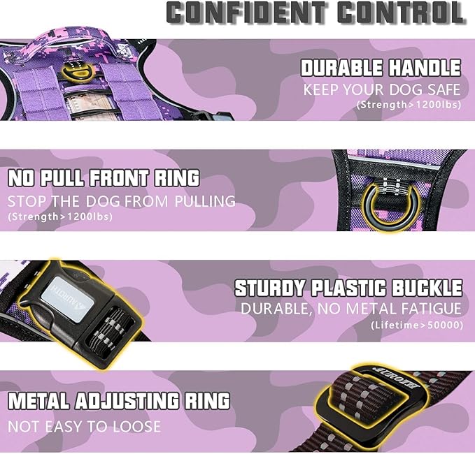 AUROTH Tactical Dog Harness for Small Medium Large Dogs No Pull Adjustable Pet Harness Reflective K9 Working Training Easy Control Pet Vest Military Service Dog Harnesses (S, Purple Camo)
