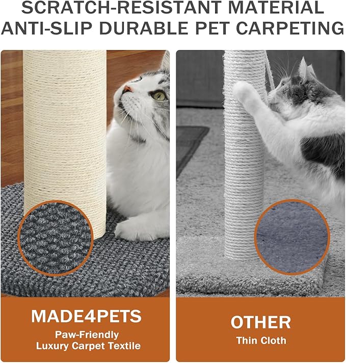Made4Pets Tall Cat Scratching Post, Heavy Duty and Thicker Scratching Posts for Indoor Cats Adults, 33" Natural Sisal Cat Scratcher with Hanging Balls, Sturdy Base Cat Scratch Post, Dark Grey