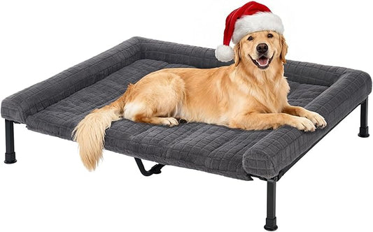Veehoo Elevated Dog Bed Large Sized with Fluffy Plush Bolster Cushion, Washable Orthopedic Dog Couch Bed, Cooling Raised Pet Cot with Removable Mat, Breathable Mesh, No-Slip Feet, 48 x 37 inches, Grey