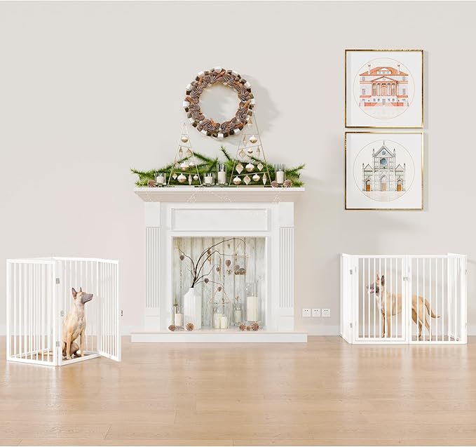 Vantas Folding No-Assembly Metal Pet Gate 80" Wide, 32" Extra Tall Dog Gate with Door Walk Through, Freestanding Accordion Puppy Gate Dog Door for Indoor & Outdoor, with 2PCS Support - White