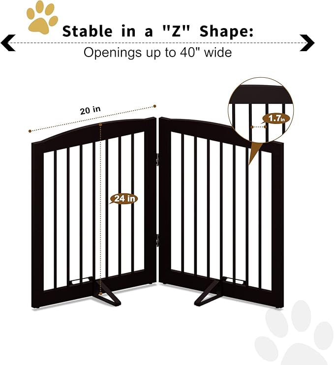 Freestanding Pet Gate for Dogs, Foldable Wooden Dog Gate for House, Indoor Pet Barrier for Stairs, Doorways, Support Feet Included, 24" Height 2 Panels, Brown
