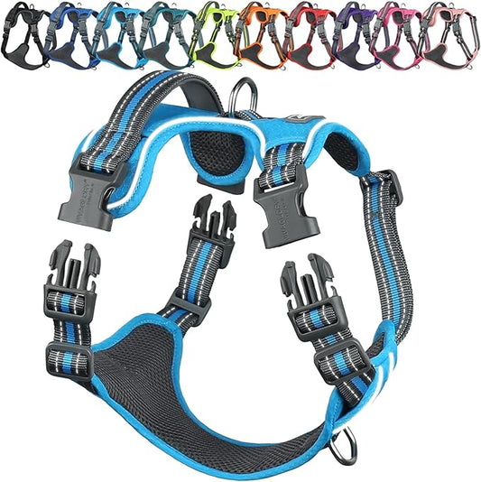 VIVAGLORY Dog Harness Easewalk No Pull Dog Harness with Handle & Front Back Clip for Training Lifting, Easy On Adjustable Padded No Pull for Pet & Puppy, XL, Blue