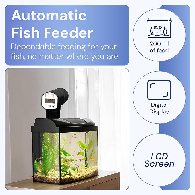 Auto Fish Feeder for Aquariums – Automatic Timer Dispenser with LCD Display & Adjustable Settings – Great for Vacation or Daily Feeding