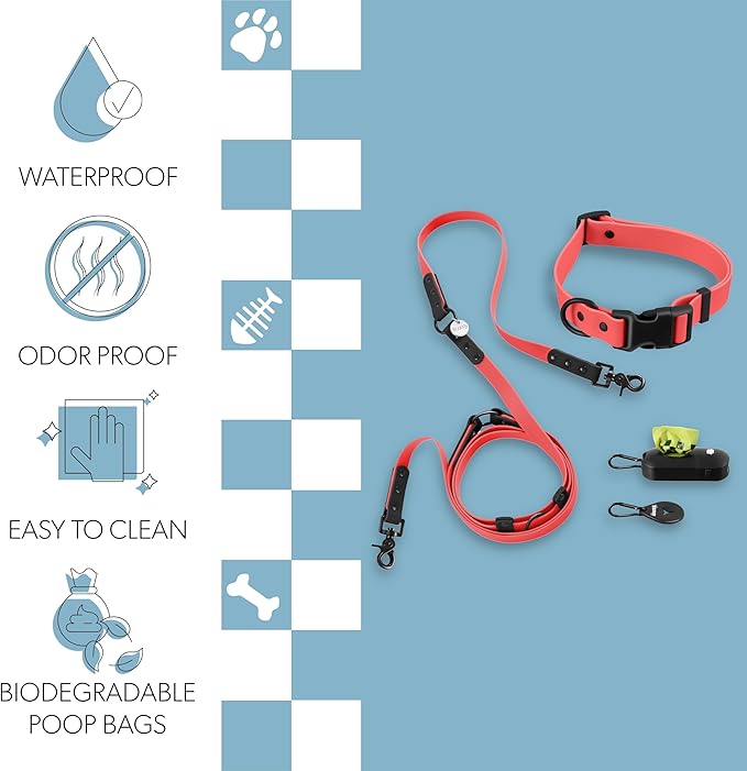 WLK1006M-5SET Luna Large 8FT Adjustable 6-in-1 Waterproof Hands-Free Leash and Collar with LED Flashlight, Bag Dispenser, and Poop Bag Holder, Shirley