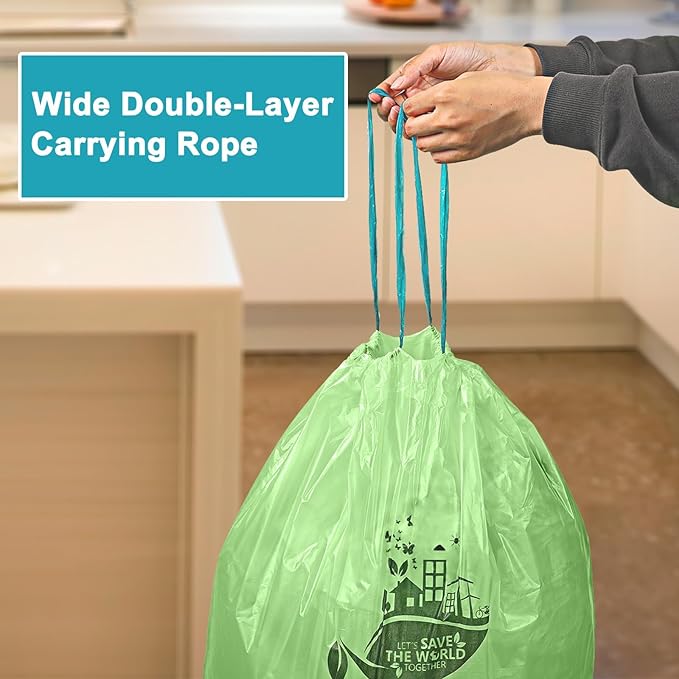 13 Gallon,100 Count, Compostable Trash Bags with Drawstring,Tear Resistant Kitchen Food Scrap Waste Bag, ASTM D6400, US BPI and Europe OK Compost Home Certified