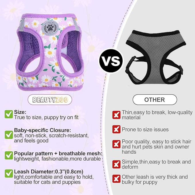 BEAUTYZOO Step in Dog Harness and Leash Set,Floral Pattern Reflective Dog Harness No Pull No Choke Puppy Harness for Small Medium Large Dogs Cats,Soft Padded Mesh Vest Harnesses for Girl and Boy Pets