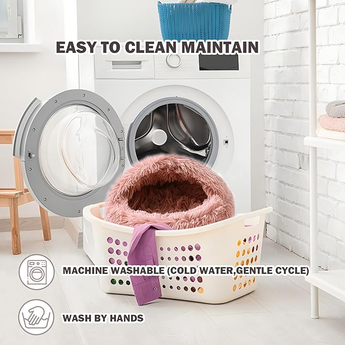 Cat Bed for Indoor Cats, Calming Cozy Cave with Self-Warming Plush, Entire Bed Machine Washable & Anti-Slip Base, Breathable Pet Bed for Small Cats&Dogs All Seasons (Leather Pink, 24*24inch)