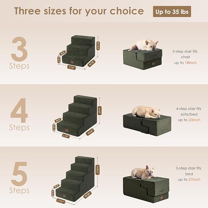 EHEYCIGA Dog Stairs for Bed 18" H, 4-Step Dog Steps for High Bed, Pet Steps for Small Dogs and Cats, Non-Slip Balanced Pet Ramp Indoor, Military Green