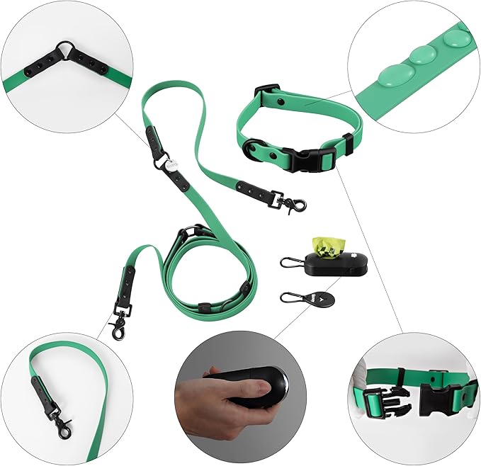 WLK1004K-5SET Luna Small 8FT Adjustable 6-in-1 Waterproof Hands-Free Leash and Collar with LED Flashlight, Bag Dispenser, and Poop Bag Holder, Julep