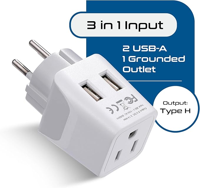 Ceptics Israel, Palestine Travel Adapter Plug with Dual USB - Usa Input - Type H - Ultra Compact - Perfect for Cell Phones, Laptop, Camera Chargers, iWatch, iPhone and More (CTU-14)