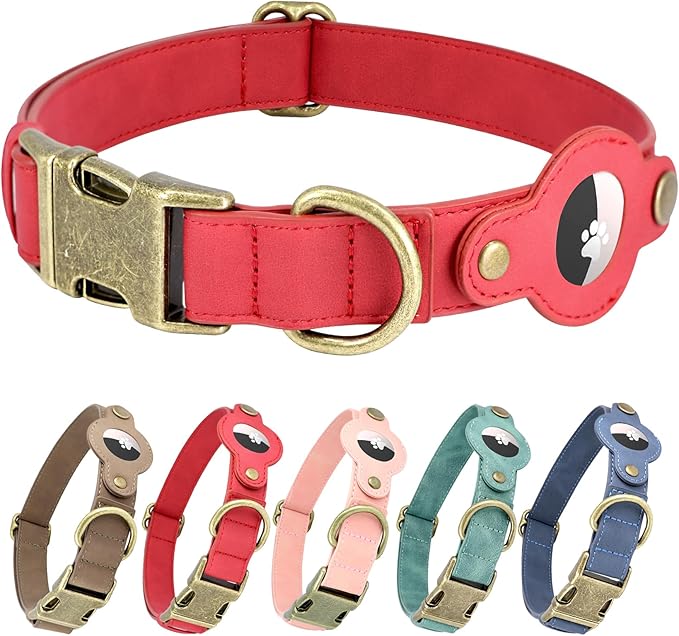AirTag Dog Collar for Large Dogs - Soft Leather Dog Collar with Apple AirTag Holder and Metal Buckle - Smart Tracker GPS Apple Air Tag Pet Collars (Red, L)