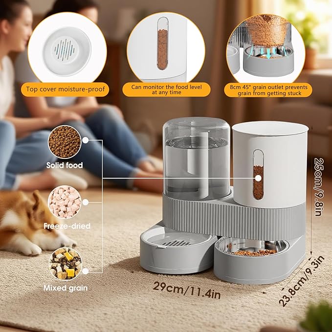Automatic Gravity Cat Dog Feeder and Water Dispenser with 304 Stainless Steel Bowls 2 in 1 360 Degree Rotatable Auto 2.4L Dry Food and 2.6L Water Bowl for Small Medium Pet Dog Puppy Kitten (Gray)