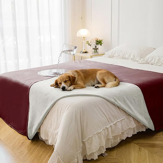 Waterproof Blanket for Bed King Size, Leak Proof Dog Couch Blankets Reversible, Pet Throw Sofa Furniture Protector Machine Washable-82 x108,Burgundy Red+Cream