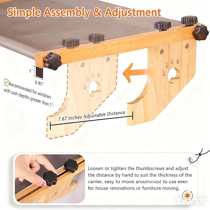 Cat Window Perch - Drill-Free Adjustable Sill Hammock, Sturdy Wood & Metal Frame, Washable Non-Slip Bed Cover, Easy Install for Indoor Cats & Multi-Cat Families (Grey,XL)