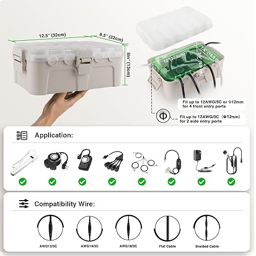 Flemoon Outdoor Electrical Box with Transparent Lid, IP54 Waterproof Electrical Box Outdoor, Large Weatherproof Extension Cord Cover with Clear Cover for Photocell Light Sensor Timer, Outlet, Almond