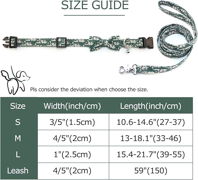 Bowtie Collars for Medium Dogs, Elegant Collars with Leash Set, Dog Collars with Bowtie Adjustable 13.8"-17.7", Green, M