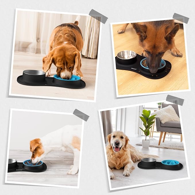 MateeyLife Dog Food and Water Bowl Set 3 in 1, Dog Bowls Slow Feeder & Stainless Steel Water Bowl with Non-Spill Silicone Mat, Cat and Puppy Bowls Pet Dishes for Small Medium Large Breed Anti-Choking