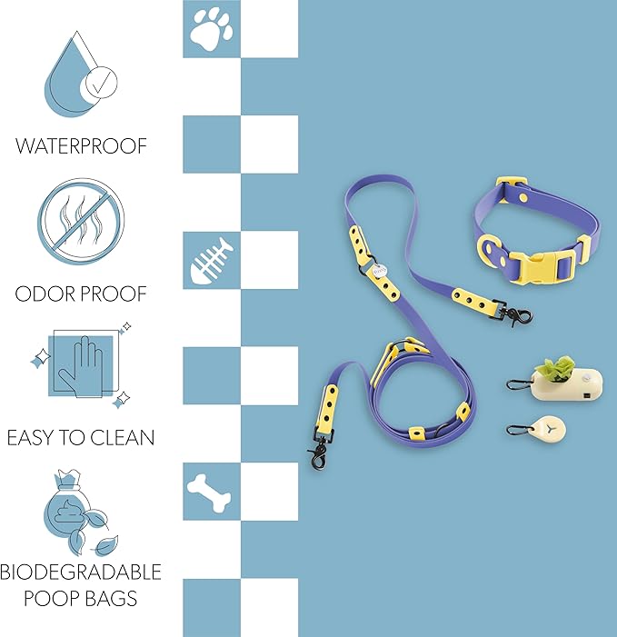 WLK1005C-5SET Luna Medium 8FT Adjustable 6-in-1 Waterproof Hands-Free Leash and Collar with LED Flashlight, Bag Dispenser, and Poop Bag Holder, Curaçao